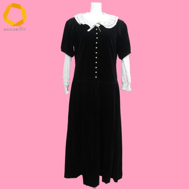 wux カネコイサオ KANEKO ISAO ロング ワンピース ブラウス セット 黒 ベロア調 リボン レース パールボタン コレクター 970915 k01