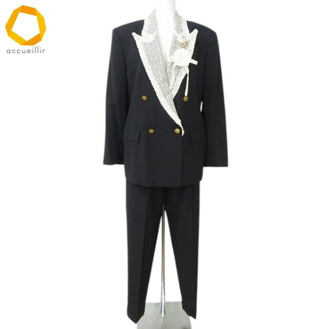 aux カネコイサオ KANEKO ISAO セットアップ 黒 オフホワイト レース パンツ スーツ ダブル 金釦 ブローチ付き ヴィンテージ 970954 k01