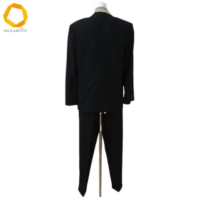 aux カネコイサオ KANEKO ISAO セットアップ 黒 オフホワイト レース パンツ スーツ ダブル 金釦 ブローチ付き ヴィンテージ 970954 k01