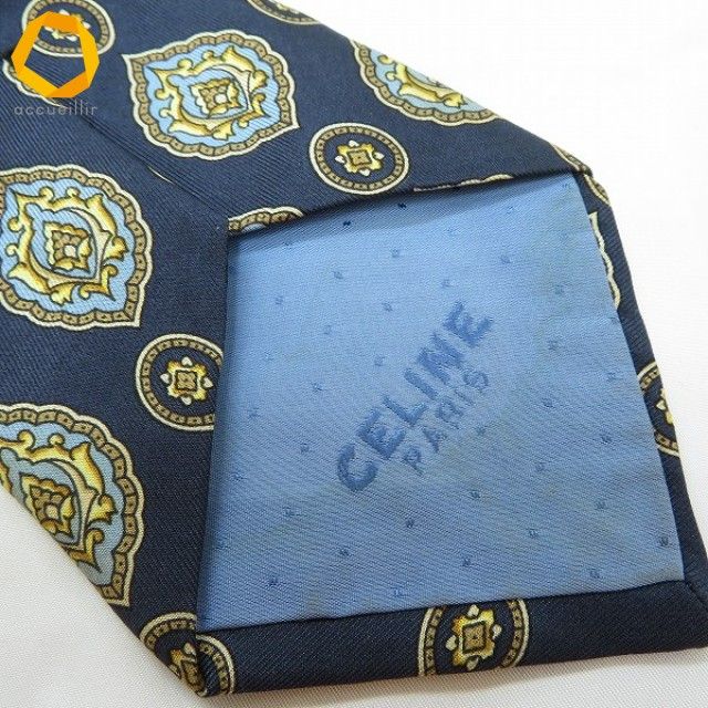 ae セリーヌ CELINE ネクタイ 紺 水色 マルチ 総柄 マカダム
