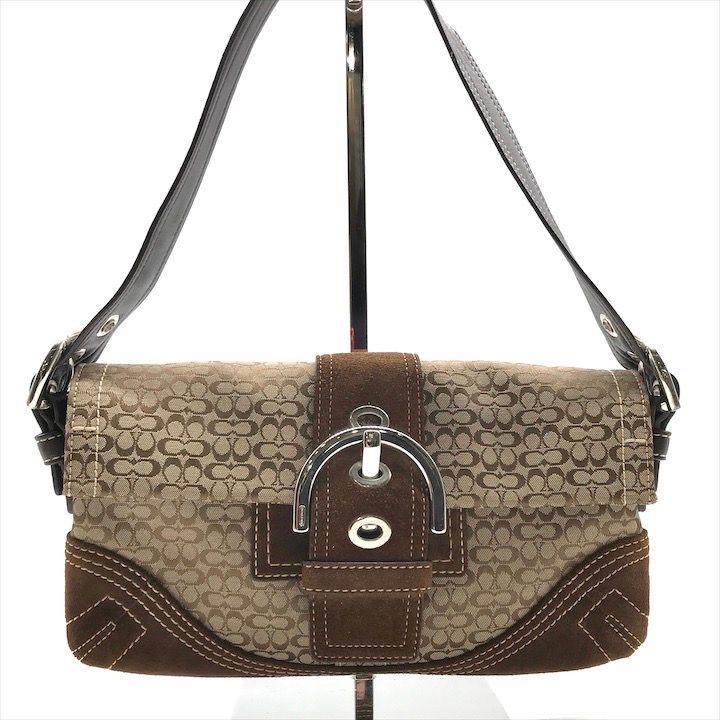 超 COACH コーチ シグネチャー スエード キャンバス レザー ワンショルダー バッグ レディース ファッション ブラウン a10782