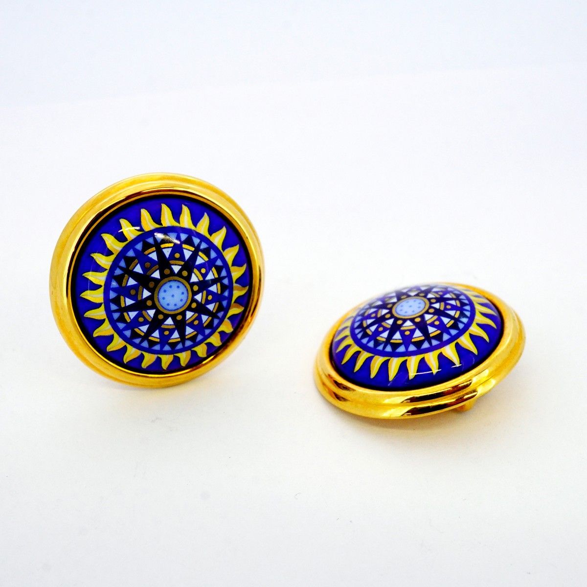 5 jmb 0841 エルメス イヤリング エマイユ 丸型 サークル GPメッキ 七宝焼き ゴールド ブルー マルチ レディース