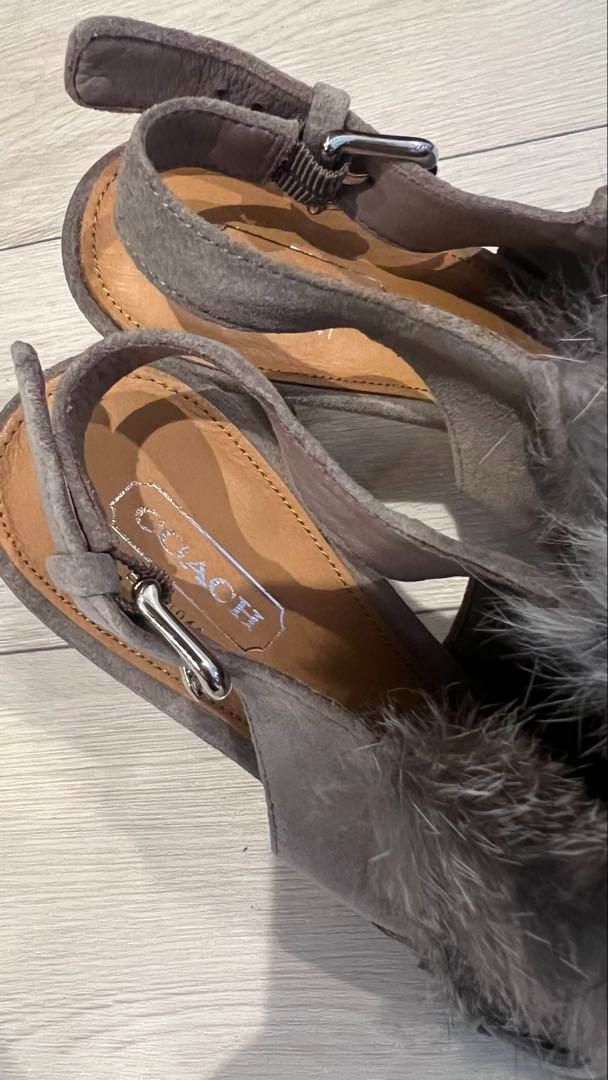 COACH ファー付 オープントゥーサンダル コーチ グレー ハイヒール パンプス