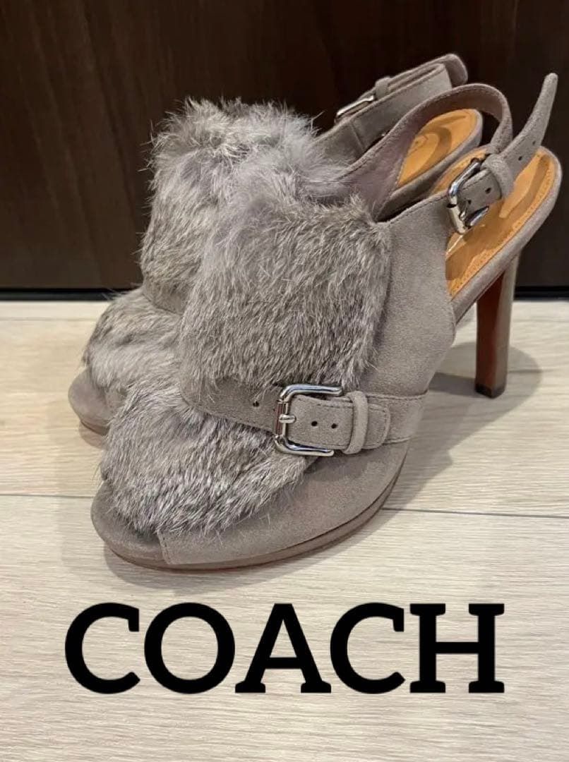 COACH ファー付 オープントゥーサンダル コーチ グレー ハイヒール パンプス