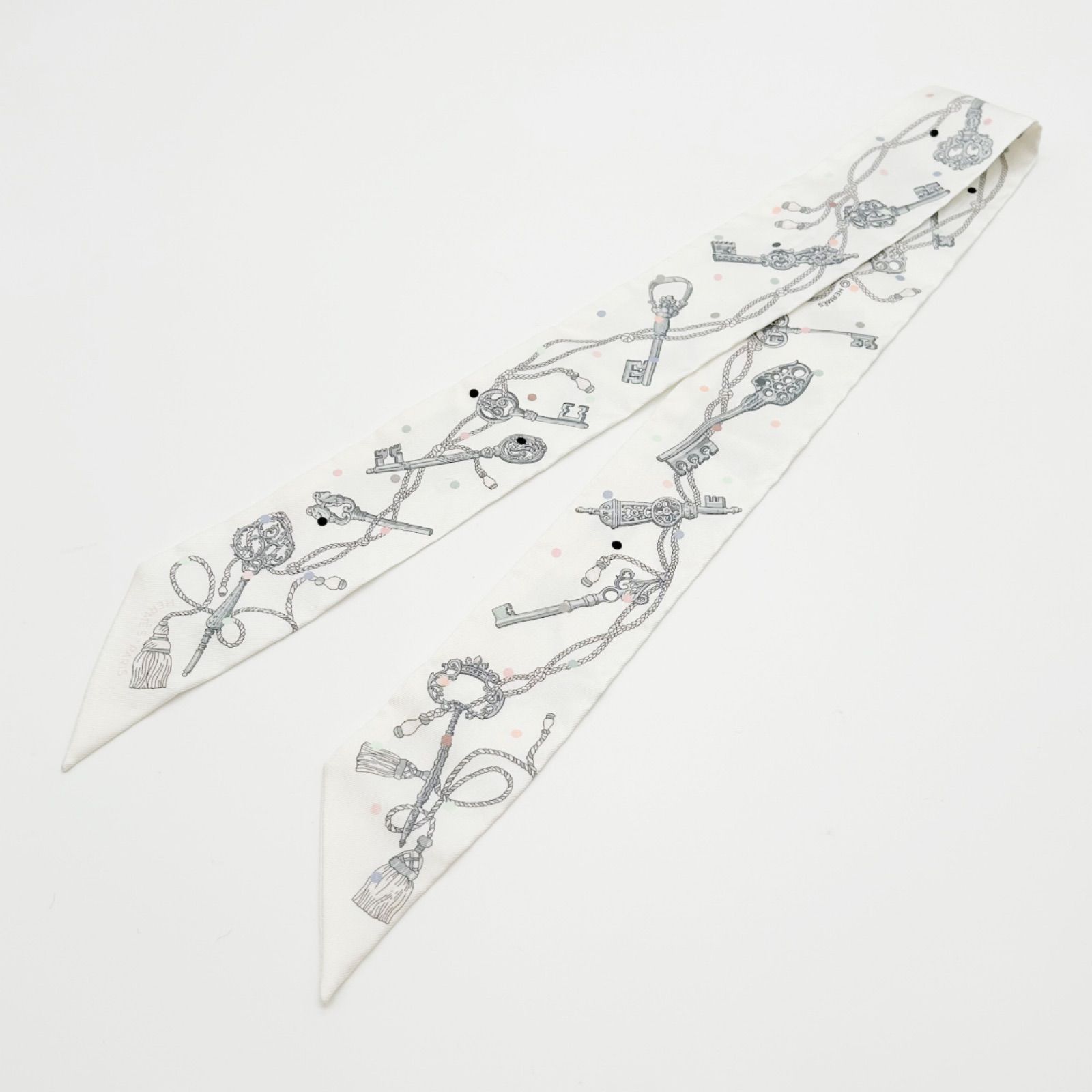 HERMES エルメス ツイリー スカーフ LES CLES シルク 鍵柄 ホワイト