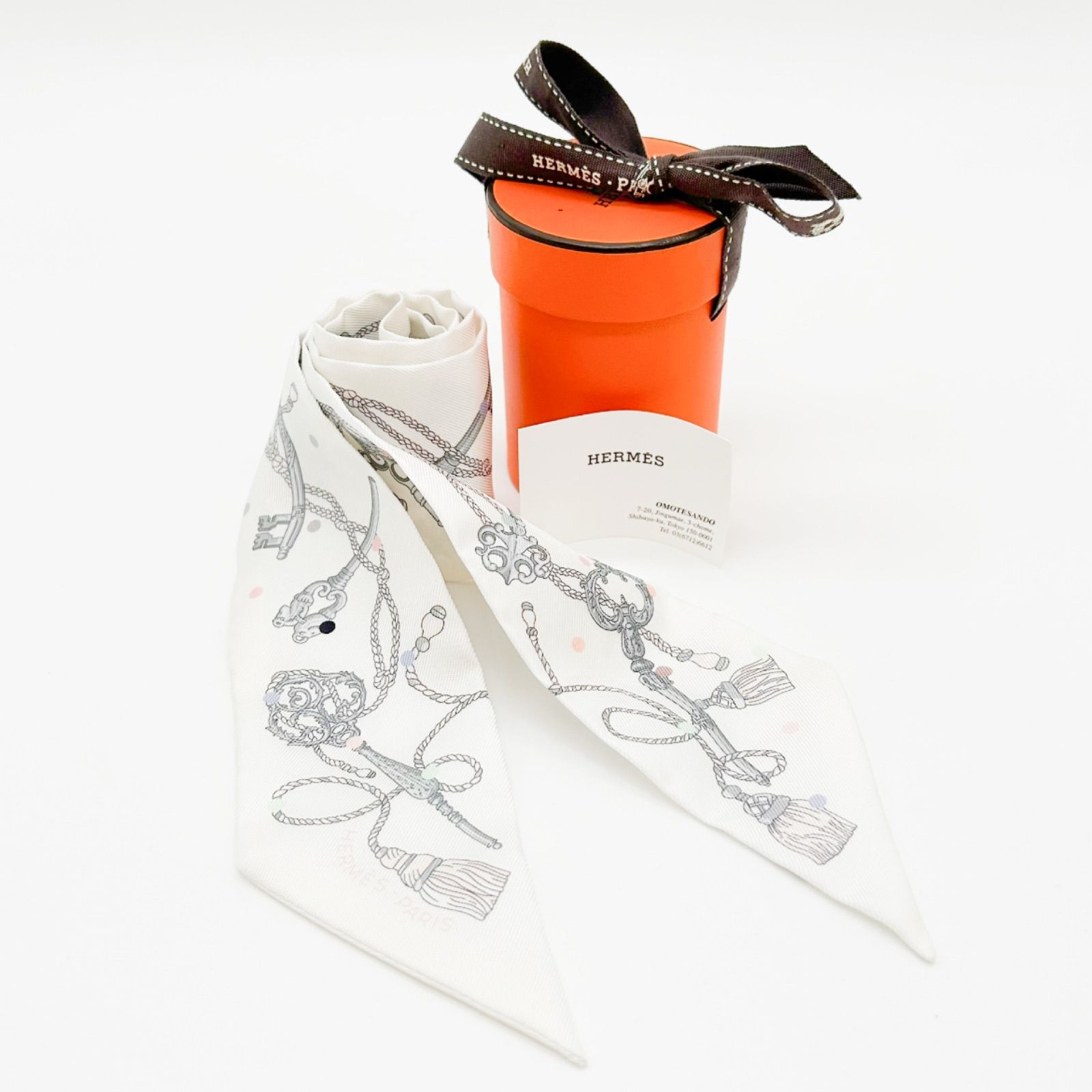 HERMES エルメス ツイリー スカーフ LES CLES シルク 鍵柄 ホワイト