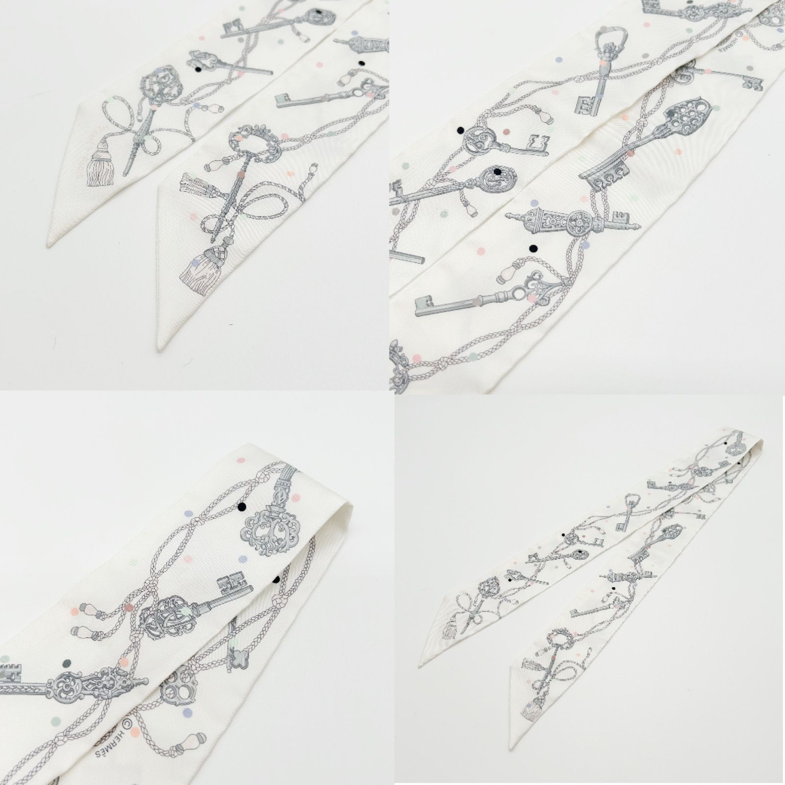 HERMES エルメス ツイリー スカーフ LES CLES シルク 鍵柄 ホワイト