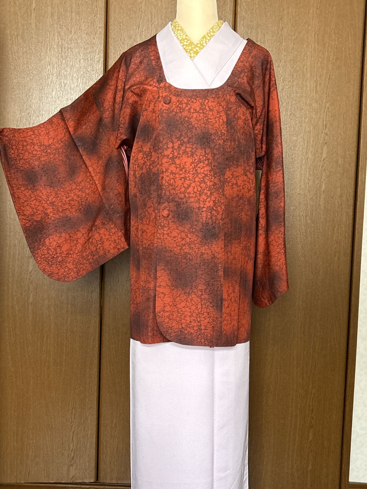 ろうけつ染 袷道行 ちりよけ オレンジ系 裄68