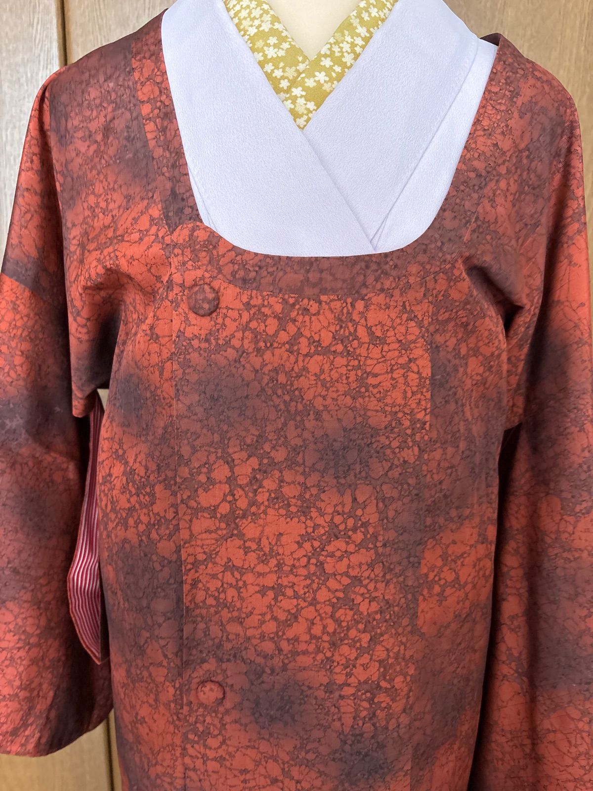 ろうけつ染 袷道行 ちりよけ オレンジ系 裄68