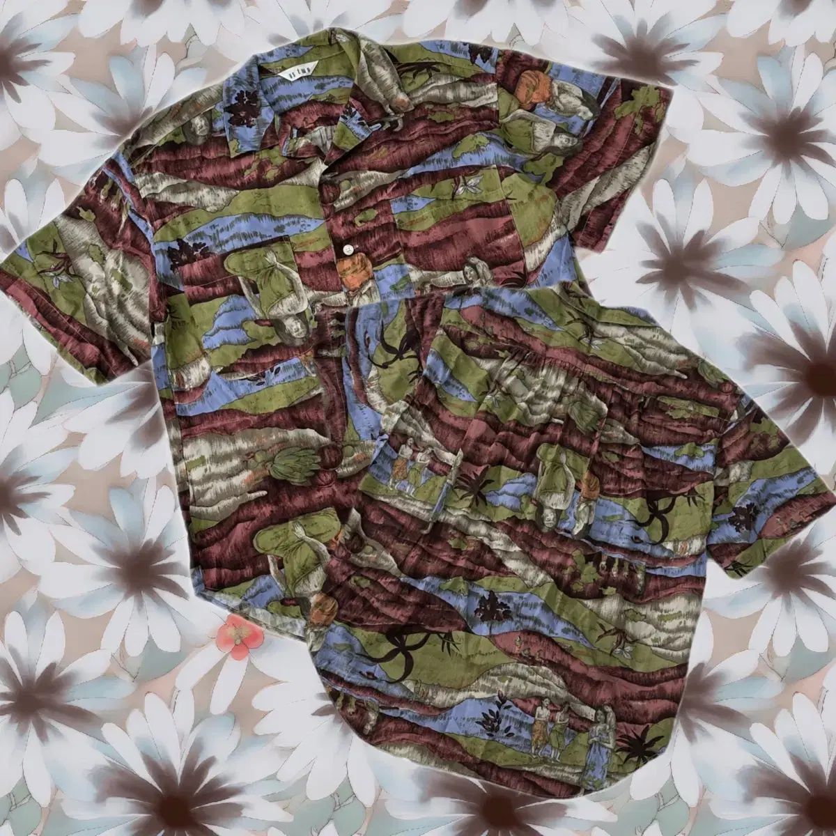 日本ヴィンテージ us two Y2k ユニーク アートパータン ヒッピー グランジ シャツ パータン
