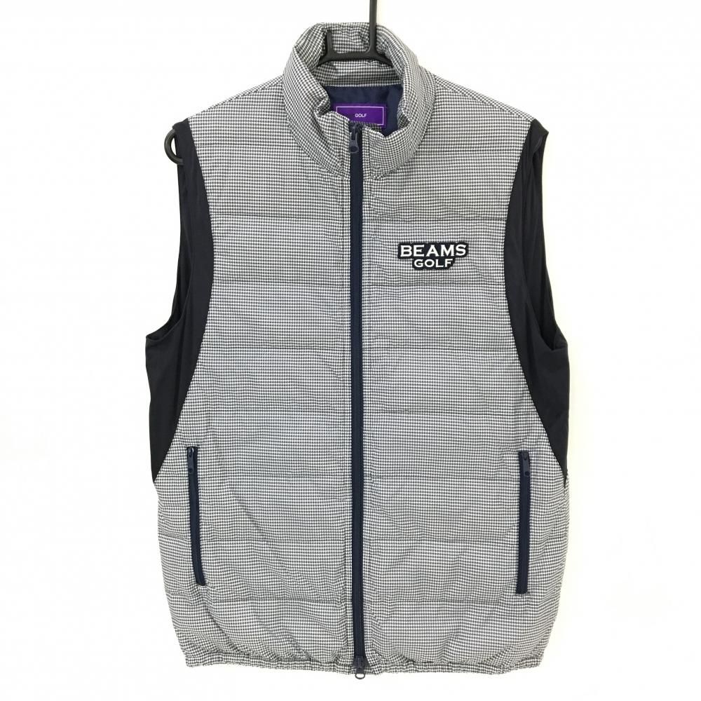ビームスゴルフ ダウンベスト 白 ネイビー 千鳥格子 ロゴワッペン ダウン80％ メンズ L ゴルフウェア BEAMS GOLF