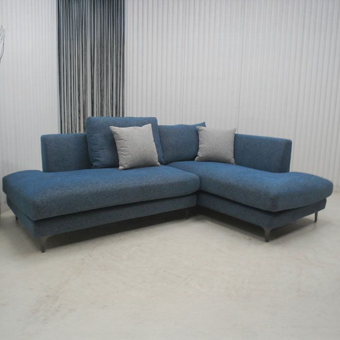 アウトレット 現品限り 一部 大 羽毛フェザー入り スタイリッシュモダンデザイン L型カウチソファーセット ブルー ファブリック 250214 レイモンズ左