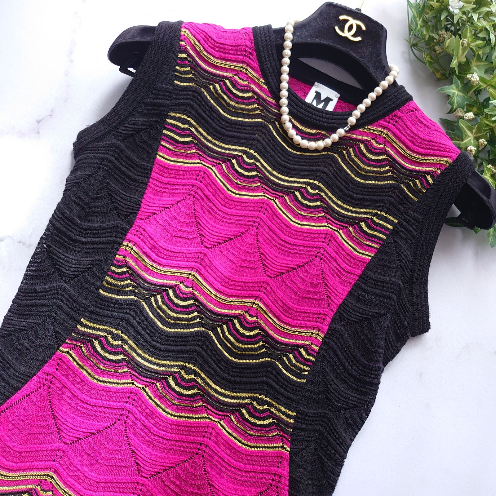 ミッソーニ ニットワンピース ノースリーブ ブラック×ピンク 40 L フ