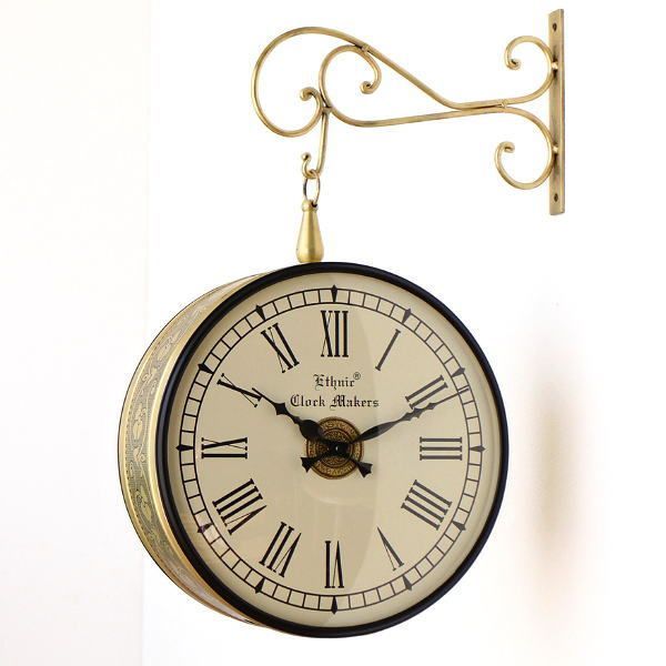 壁掛け時計 アンティーク レトロ おしゃれ 両面 掛け時計 ローマ数字 アナログ 丸 電池式 非電波 直径30 cm エレガントな吊り下げ両面時計 B