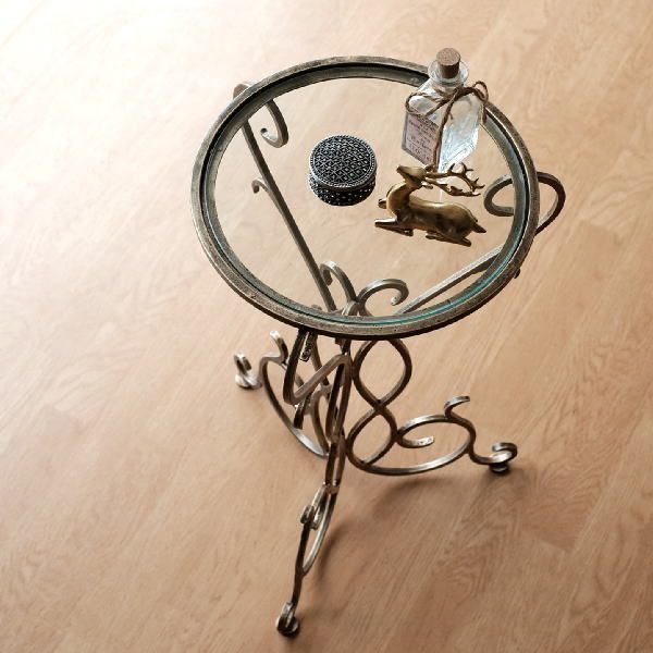 サイドテーブル ガラステーブル 丸 おしゃれ アイアン アンティーク 円形 コンパクト スリム アイアンとガラスのエレガントテーブル