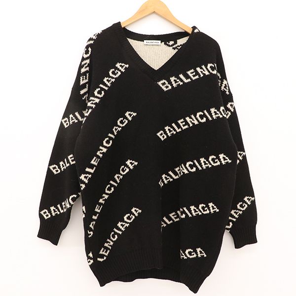 バレンシアガ BALENCIAGA ロゴ Vネック 長袖 ニット セーター ブラック 表示サイズ38 メンズ yy 4000065800300096