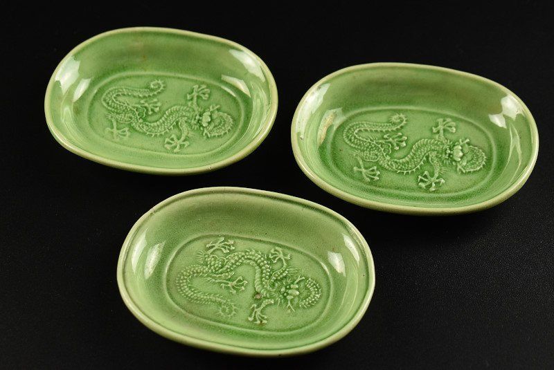 蔵A 4044 珉平焼 淡路 民平 緑交趾 龍文 小判型皿 三客