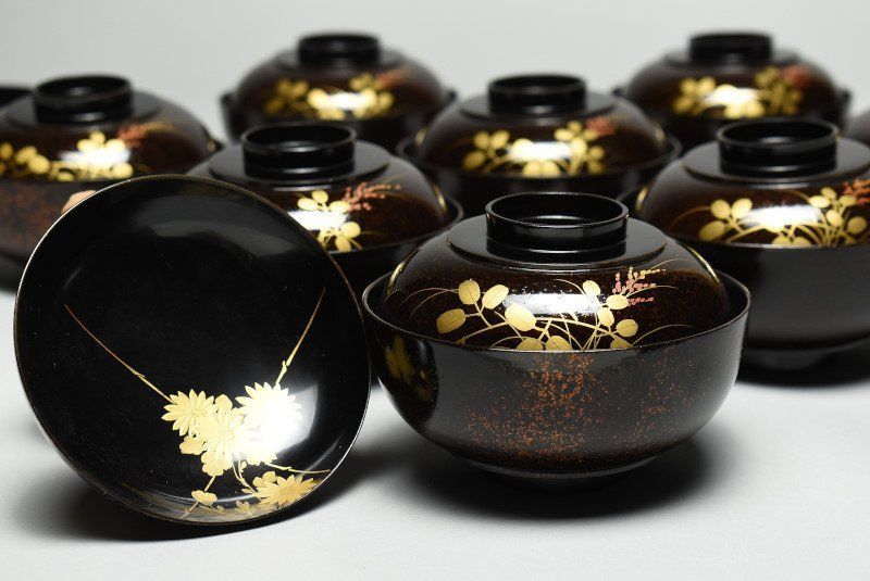 蔵A 3966 木製梨地 蒔絵菊萩図 吸物椀 汁椀 十客