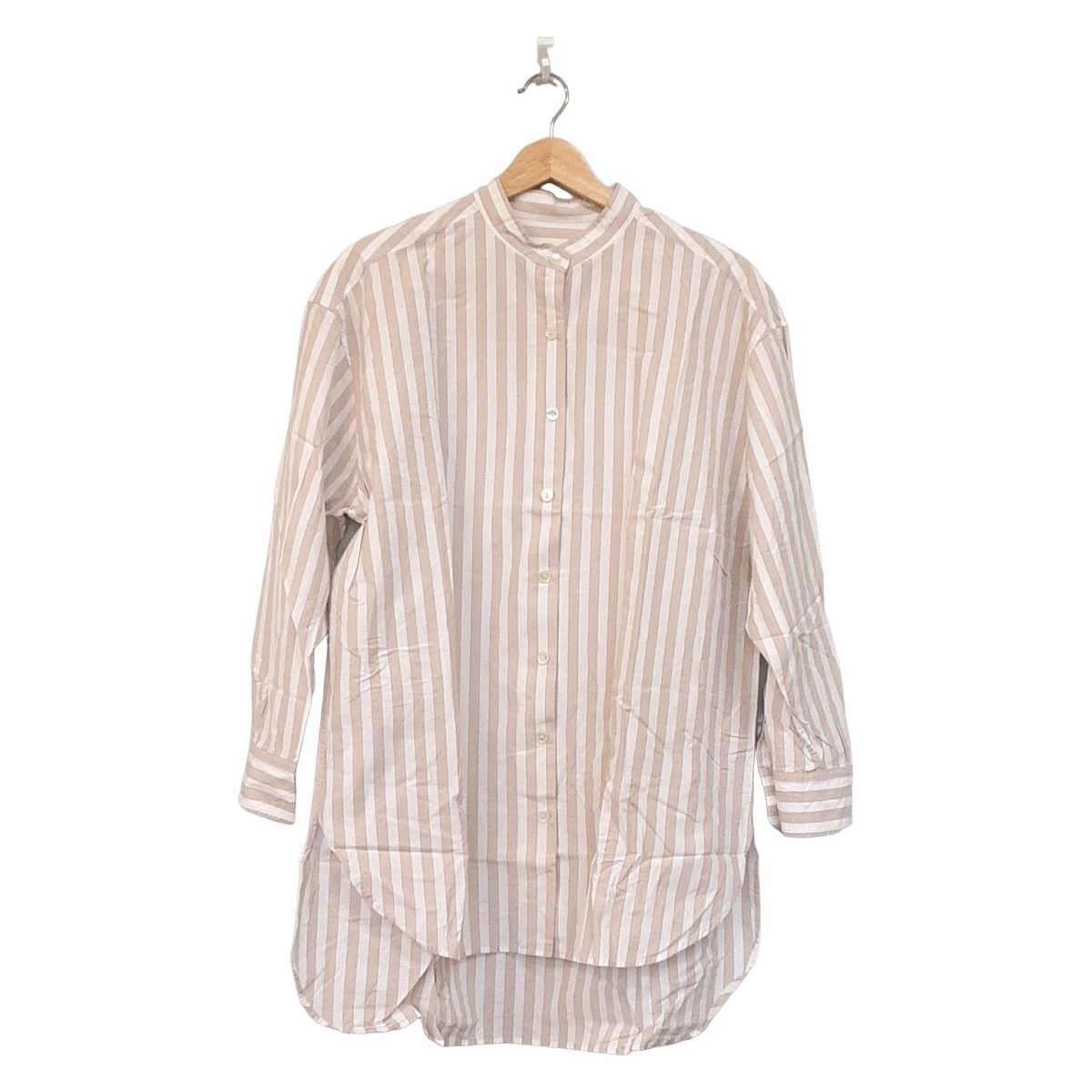 whim gazette ウィムガゼット ワンピース サイズF レディース - 白×ベージュ×黒 長袖 ミニ ストライプ シャツワンピ