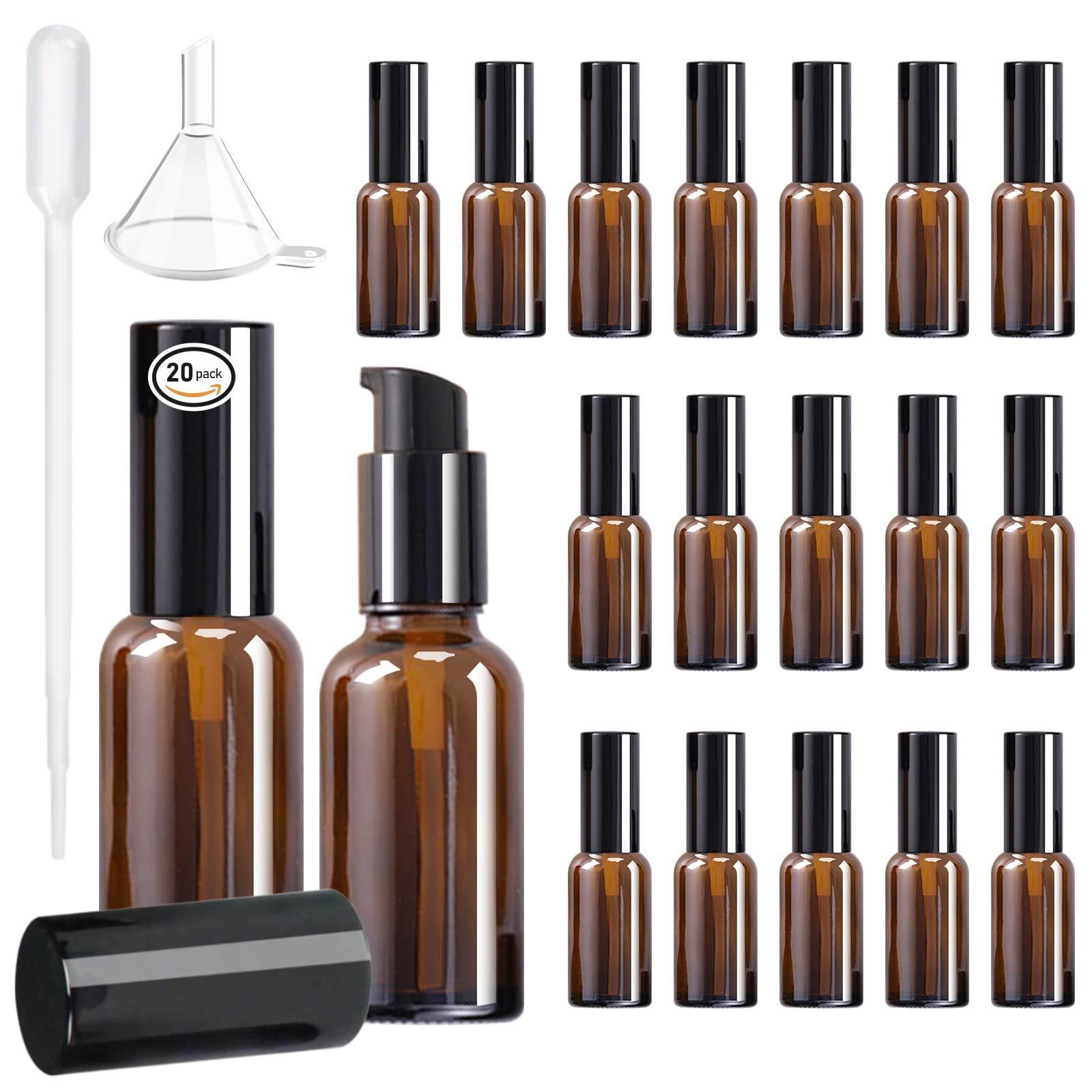 ポンプ瓶 30ml 20個 遮光 ポンプボトル ガラス 乳液ボトル 化粧品ボトル 持ち運び 精油 ポンプ 容器トラベルボトル 小分け詰め替えボトル 家庭 出張旅行用品 茶色