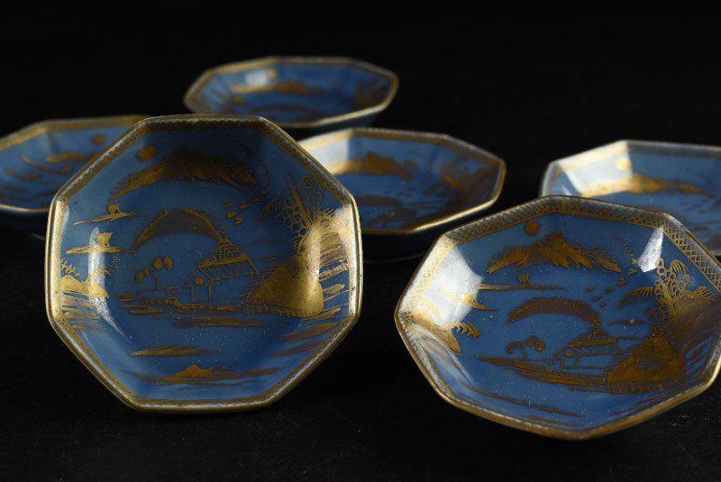 蔵A 3460 c 古伊万里 瑠璃金彩 小皿 八角皿 六客