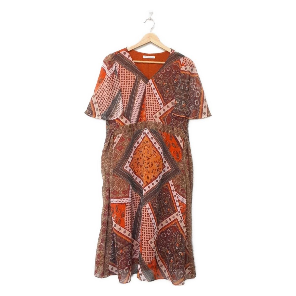 TAM ヴィヴィアンタム ワンピース サイズ38 M レディース - オレンジ×カーキ×マルチ Vネック 半袖 ひざ丈