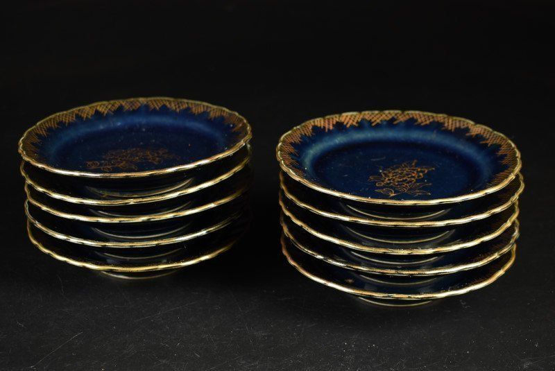 蔵C 9724 b 伊万里 瑠璃金彩花文 中皿 十客 14 5㎝