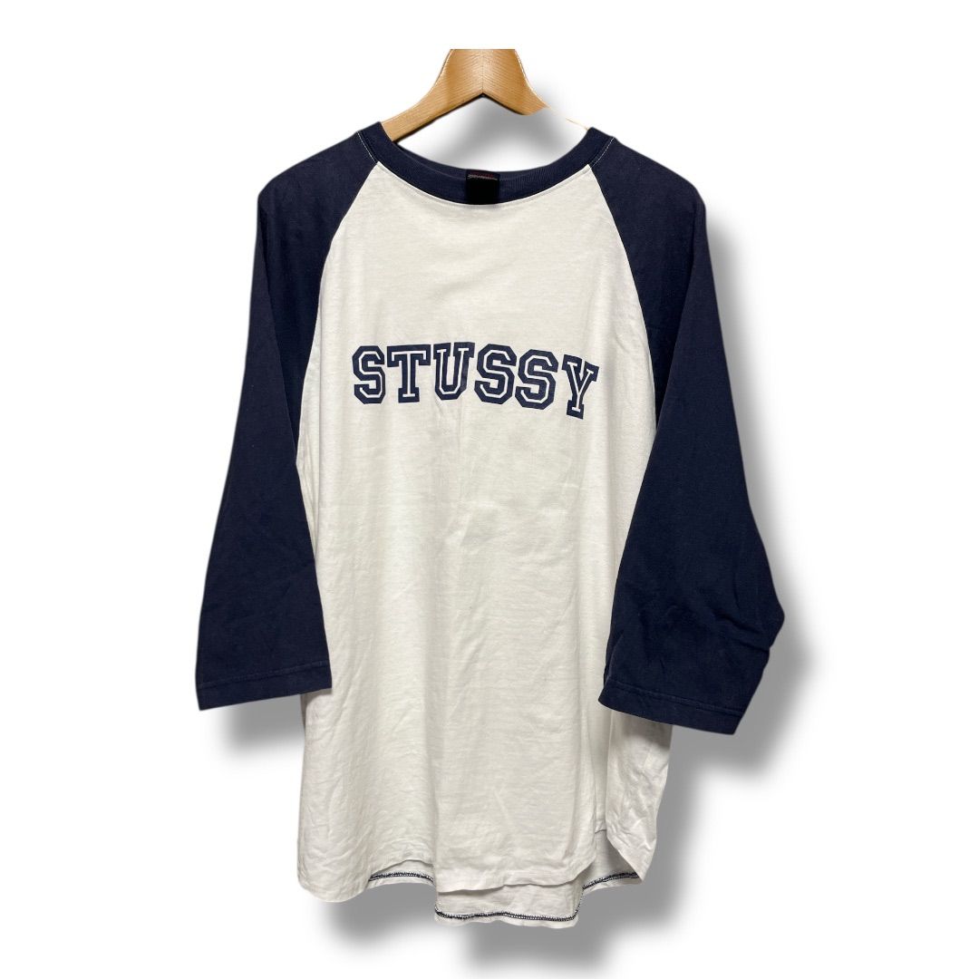 STUSSY ステューシー 90 s アメリカ製 ビンテージ 紺タグ ラグランスリーブ 七分袖 Tシャツ クォータースリーブ トップス メンズ サイズM ホワイト×ネイビー 秋 35 No.K 820 Y