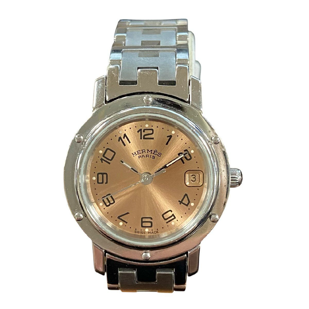稼働品 HERMES エルメス クリッパー クォーツ デイト CL 4.210 レディース腕時計 サーモンピンク文字盤