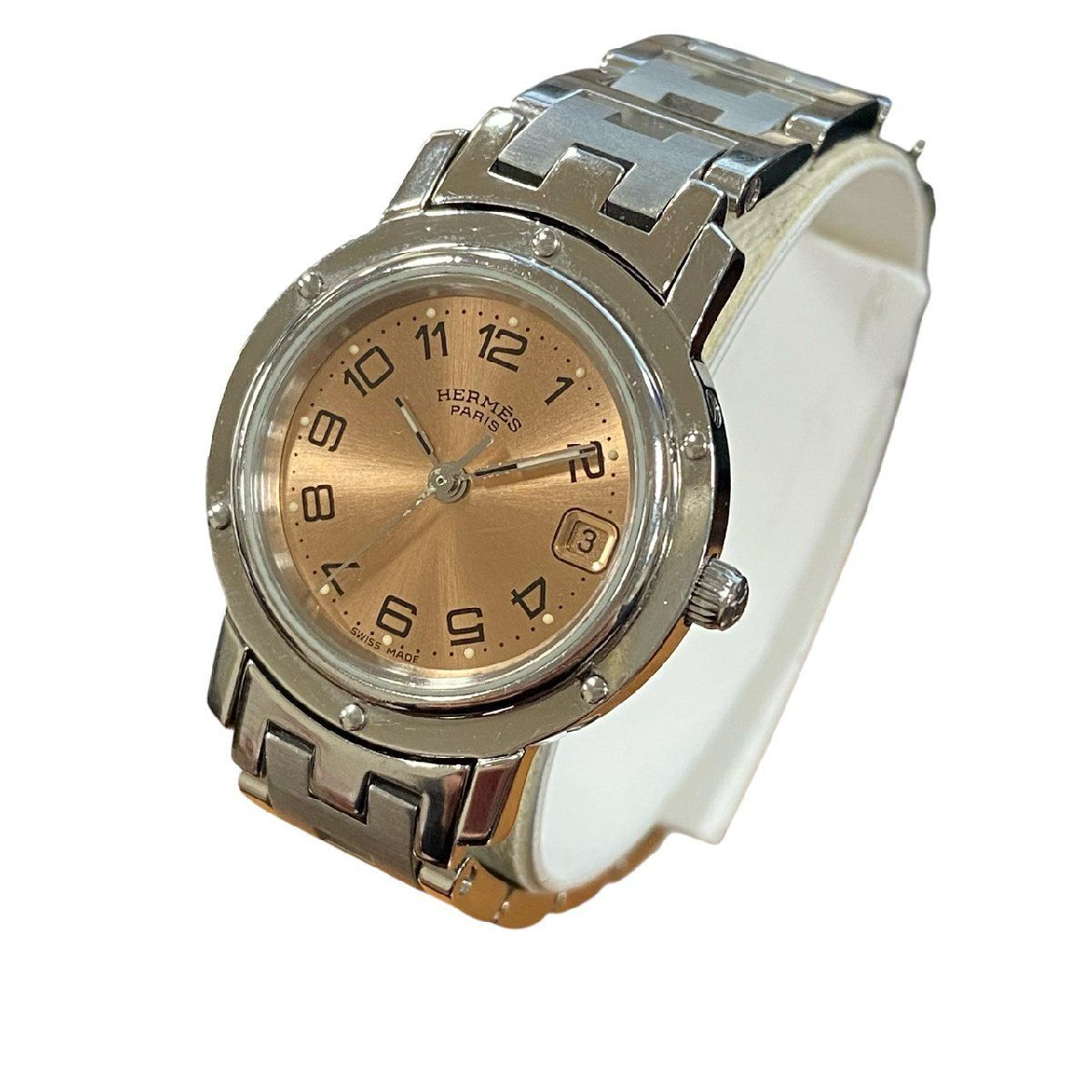 稼働品 HERMES エルメス クリッパー クォーツ デイト CL 4 210 レディース腕時計 サーモンピンク文字盤