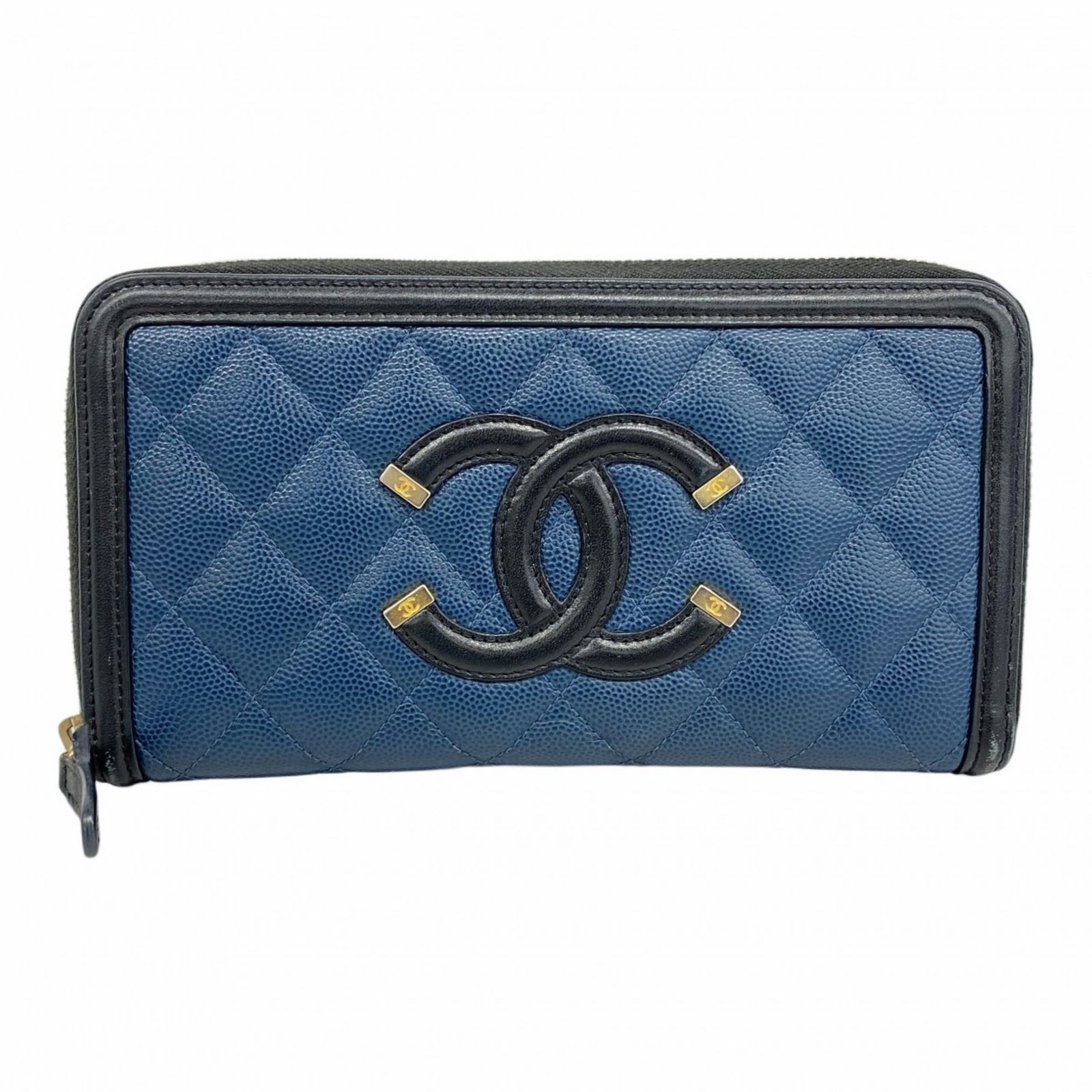 シャネル Chanel シャネル 長財布 CCフィリグリー キャビアスキン ブルー ネイビー シャンパンレディース