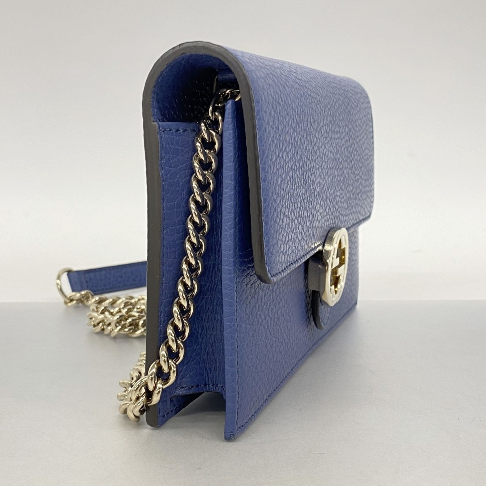 グッチ Gucci ショルダーウォレット インターロッキングG 510314 レザー ブルー シャンパンレディース