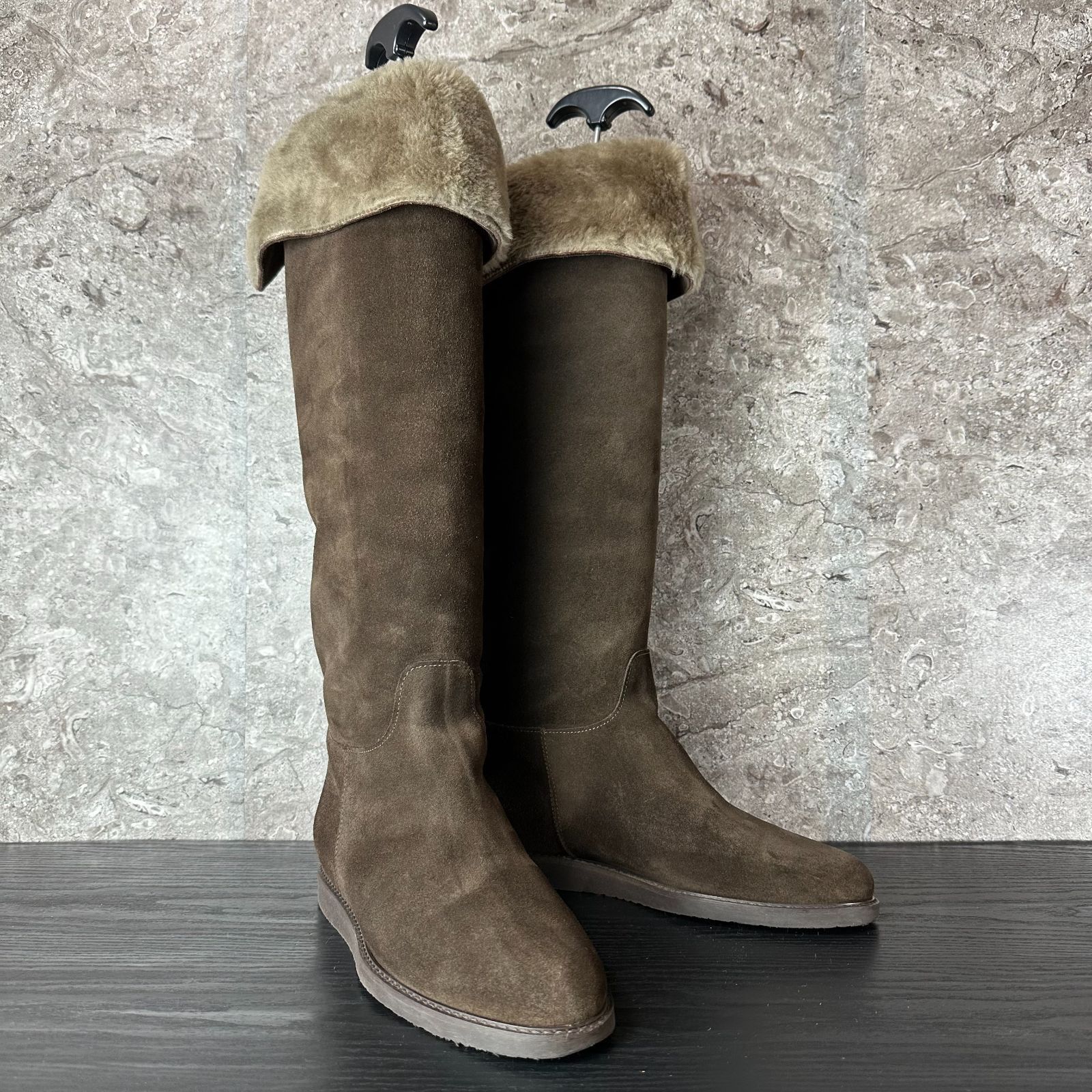 S 113 Ferragamo フェラガモ ロゴ スエード ムートン 内側ボア ロングブーツ 防寒 ブラウン茶 7 1 2 M 24.5 cm