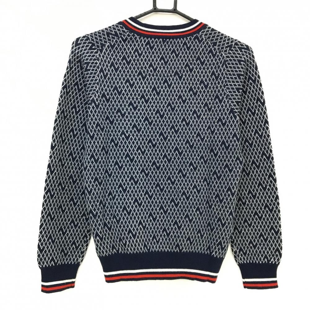 【美品】キャロウェイ セーター ネイビー×白 細ダイヤ柄 胸元ワッペン Vネック ウール混 レディース M ゴルフウェア Callaway