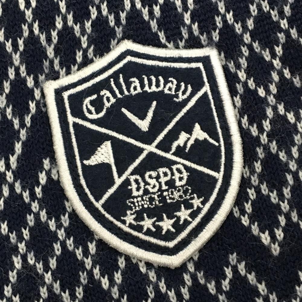 【美品】キャロウェイ セーター ネイビー×白 細ダイヤ柄 胸元ワッペン Vネック ウール混 レディース M ゴルフウェア Callaway