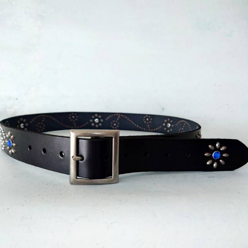 フラワー スタッズベルト オリジナル 牛革 アメカジ ブルーストーン レザー ベルト ブラック ナロー COW LEATHER Flower Studs belt Original BLUE BLK