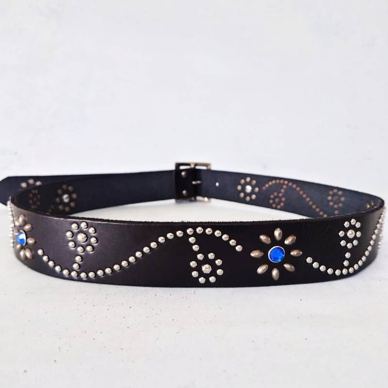 フラワー スタッズベルト オリジナル 牛革 アメカジ ブルーストーン レザー ベルト ブラック ナロー COW LEATHER Flower Studs belt Original BLUE BLK