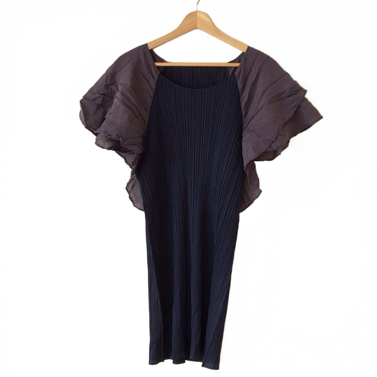 PLEATS PLEASE プリーツプリーズ ワンピース サイズ3 L レディース - パープル×ネイビー 半袖 ひざ丈 フリル