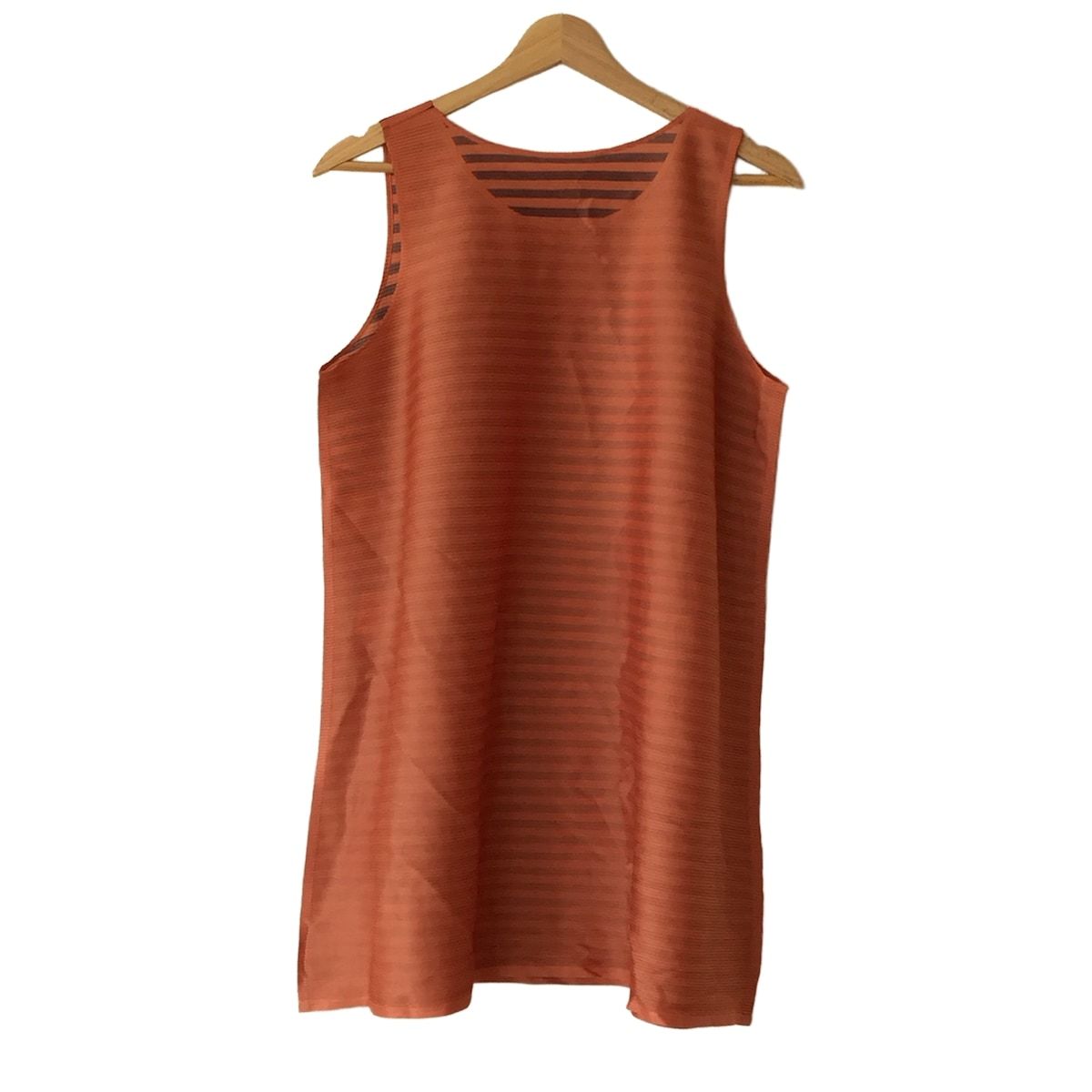 PLEATS PLEASE プリーツプリーズ ワンピース サイズ3 L レディース - ライトブラウン×ネイビー ノースリーブ ひざ丈 ボーダー