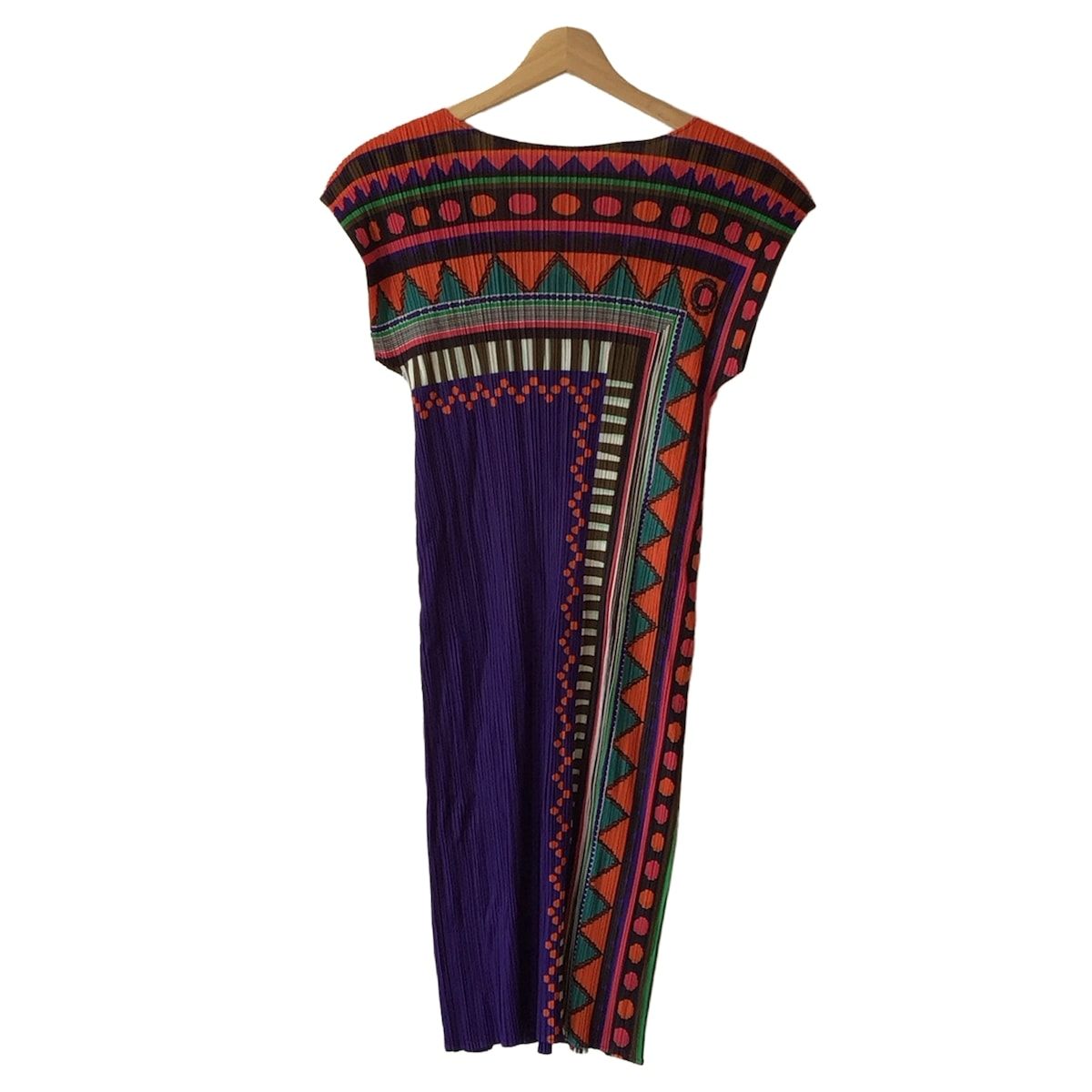 PLEATS PLEASE プリーツプリーズ ワンピース サイズ3 L レディース - ネイビー×オレンジ×マルチ ロング ドット柄