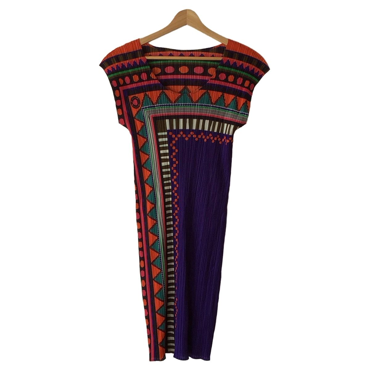 PLEATS PLEASE プリーツプリーズ ワンピース サイズ3 L レディース - ネイビー×オレンジ×マルチ ロング ドット柄