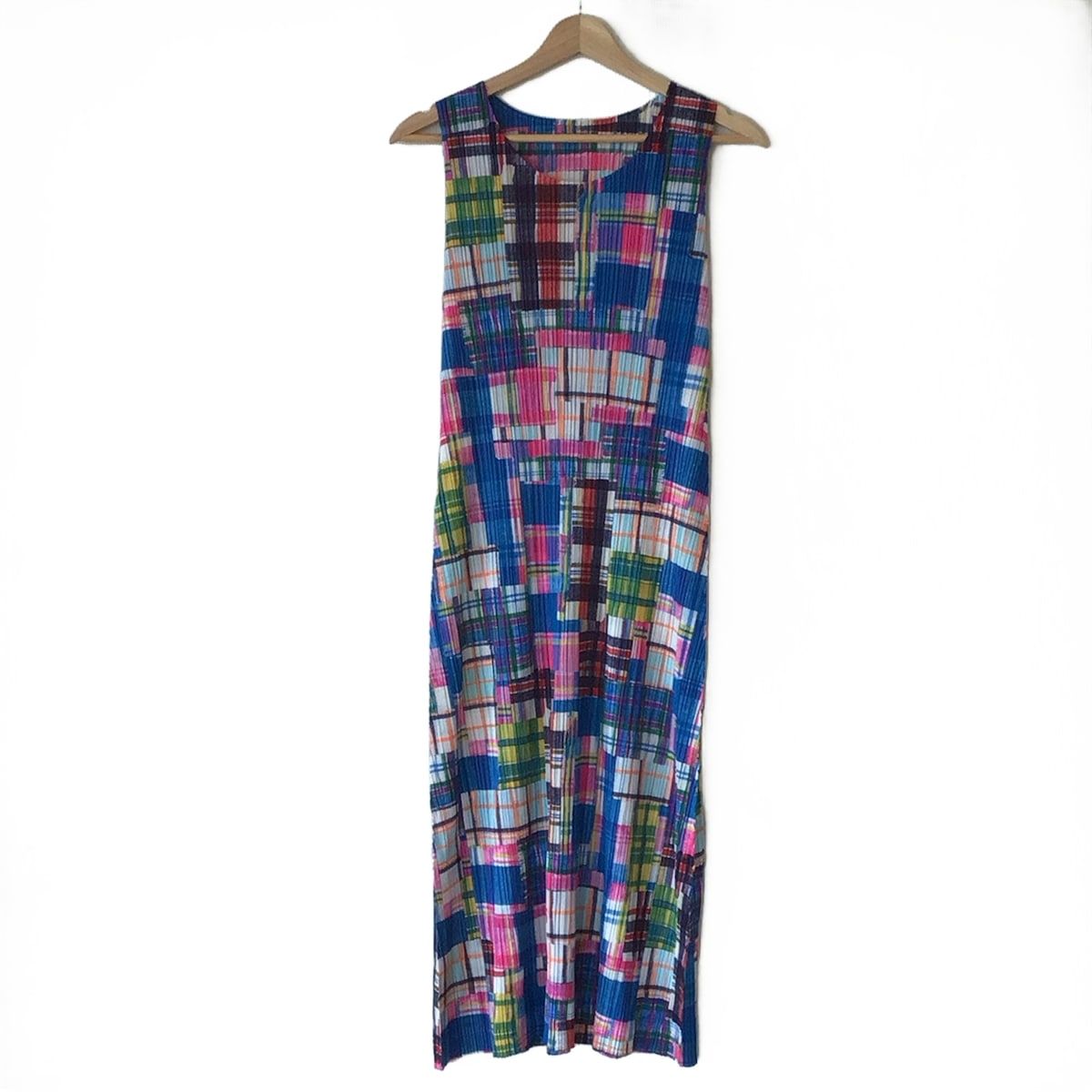 PLEATS PLEASE プリーツプリーズ ワンピース サイズ3 L レディース - ピンク×ブルー×マルチ ノースリーブ ロング チェック柄