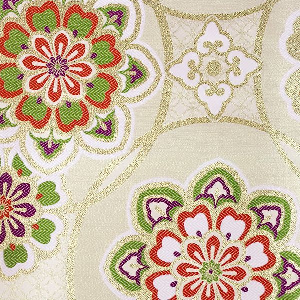 袋帯 二重太鼓 銀座結び 振袖 訪問着 クリーム色 生成り色 七宝 華文 ポリエステル 女性 レディース 帯 着物 20代 30代 40代 50代 60代 70代 obi-ko 55