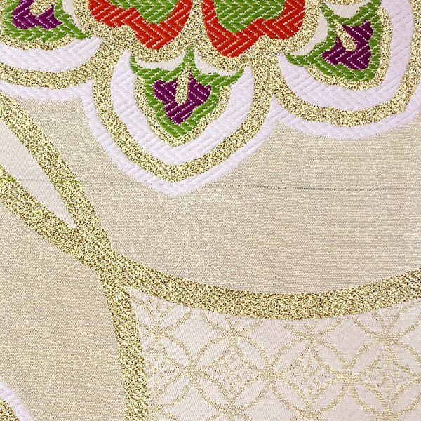  袋帯 二重太鼓 銀座結び 振袖 訪問着 クリーム色 生成り色 七宝 華文 ポリエステル 女性 レディース 帯 着物 20代 30代 40代 50代 60代 70代 obi-ko 55 袋帯 帯