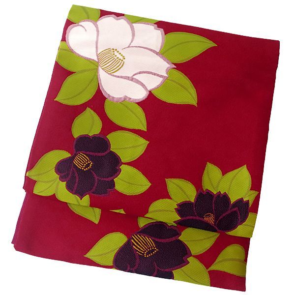 京袋帯 お太鼓 一重太鼓 銀座結び 角出し 真紅色 椿柄 つばき レトロ モダン ポリエステル 女性 レディース 帯 着物 20代 30代 40代 50代 60代 70代 obi ko 11