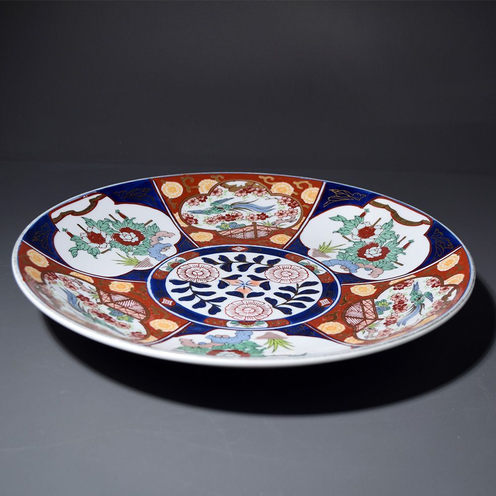 有田焼 秀峰 金彩染錦花絵大皿 尺皿 盛り皿 大皿 飾り皿 アンティーク