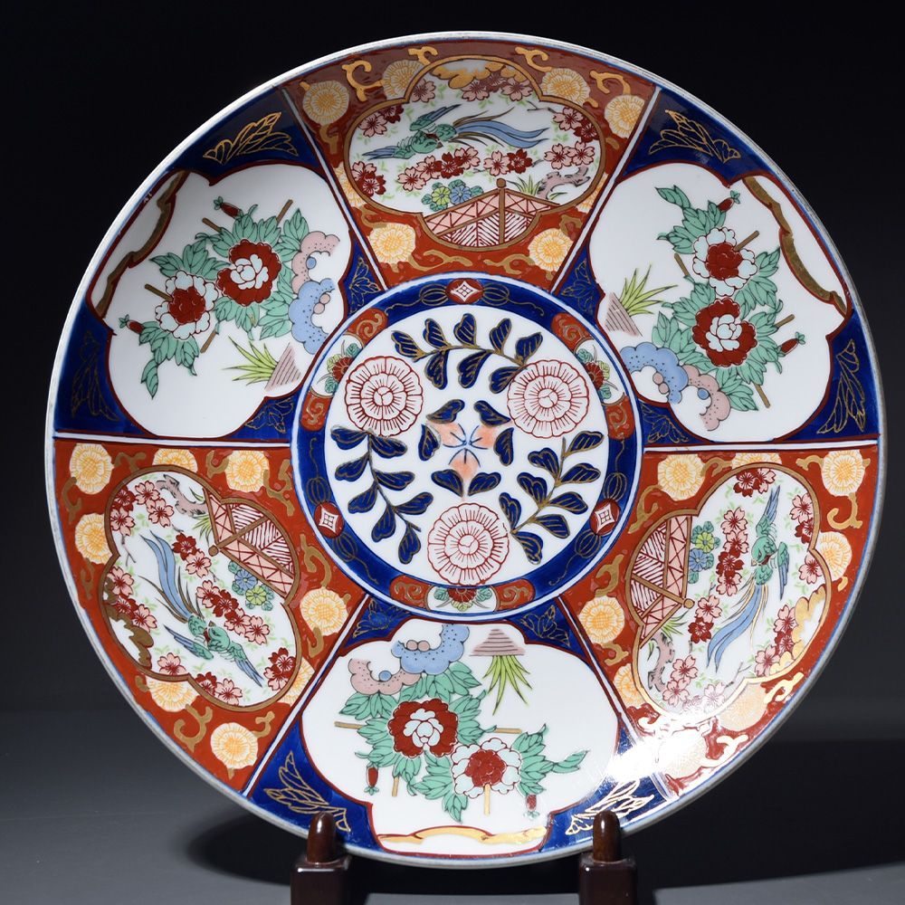 有田焼 秀峰 金彩染錦花絵大皿 尺皿 盛り皿 大皿 飾り皿 アンティーク