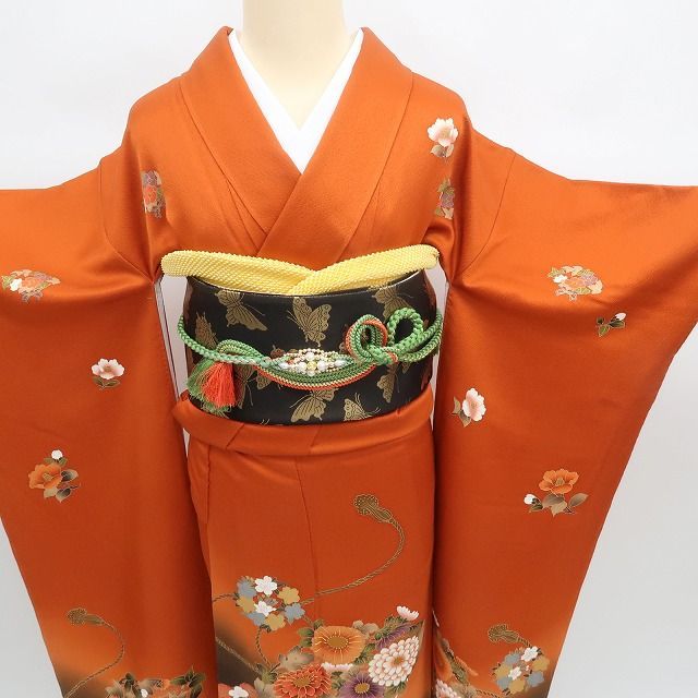 ✾まめ藤✾ｍ2361 正絹 洒落五つ紋 金駒刺繍 芍薬 椿 菊 Sサイズ 手縫い仕立て 成人式 振袖