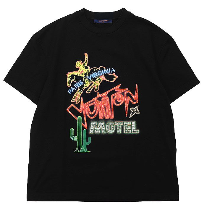 LOUIS VUITTON ルイ ヴィトン 半袖 Tシャツ 2025AW Graphic Embellished Cotton T-Shirt PARIS VIRGINIA VUITTON MOTEL ラインストーン ネオン モノグラム メンズ M 黒