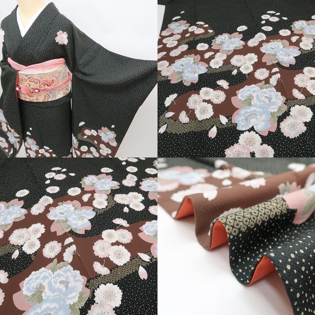 ✾まめ藤✾m2362＊美品 洗える着物 洒落三つ紋 桜 芍薬 トールサイズ